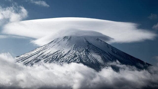 山中湖より望む富士山と笠雲のタイムラプス映像（フィックス）