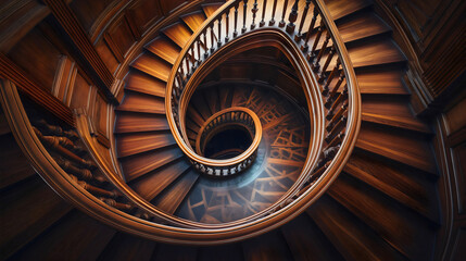 Elegant wooden spiral staircase in a modern building, architecture design and structure, beautiful interior perspective, curves of stairway floor construction