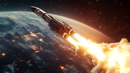 Fototapeta premium Rocket Launch Over Earth With Fiery Exhaust Trails