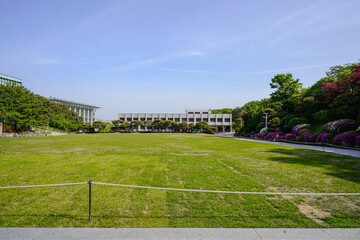 The grassy lawn at a university in Seoul, South Korea.