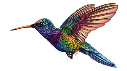 Fototapeta premium A vibrant, colorful hummingbird in mid-flight showcasing intricate feather details.