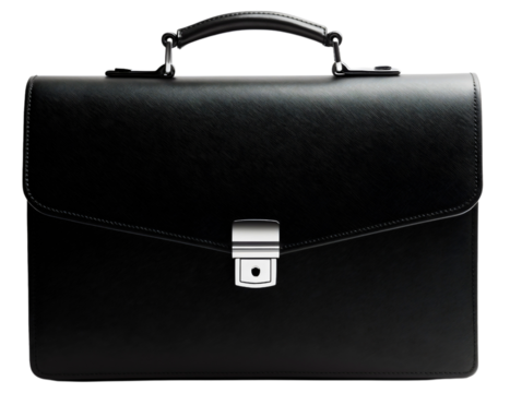 Isolated black leather briefcase bag with a handle, a classic accessory for a businessman, professionalism and success in the corporate world, carrying documents and equipment, job suitcase