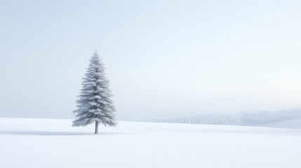 Fototapeta premium A serene winter scene with a single pine tree covered in snow, standing tall in an open snowy landscape.