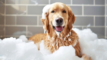 A golden retriever enjoying a bubbly bath, surrounded by foam, looking happy and playful.