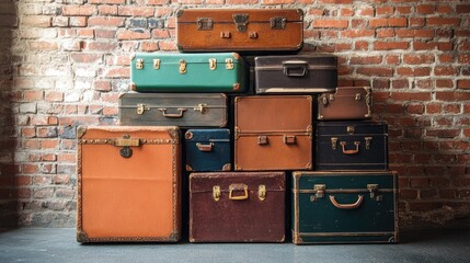 A stack of vintage suitcases in different sizes and colors, arranged against an old brick wall, creating a retro travel vibe.