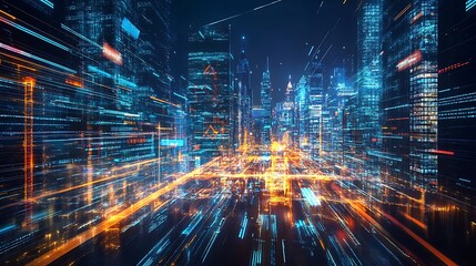 Fototapeta premium Abstract Cityscape with Streaks of Light and Digital Code