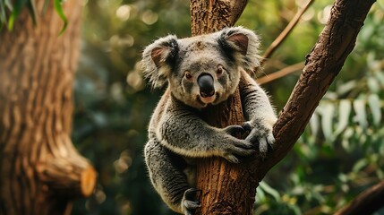 A koala clings to a tree branch amidst lush foliage, showcasing its natural habitat.