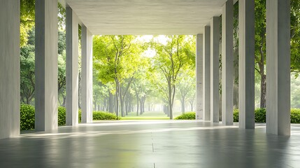 Sunlight Through Pillars in a Green Forest