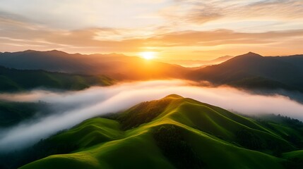 Fototapeta premium Serene Sunrise Landscape with Misty Rolling Hills and Vibrant Golden Light