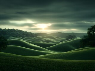 Fototapeta premium Peaceful Rural Dawn Landscape with Misty Hills and Sunlit Atmosphere