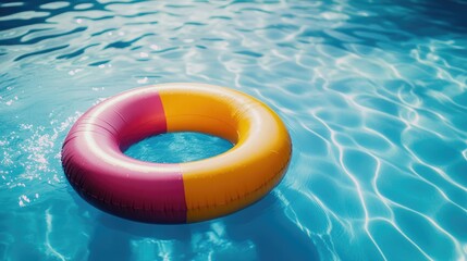 Close-up of a colorful inflatable ring floating in a clear swimming pool with rippling water