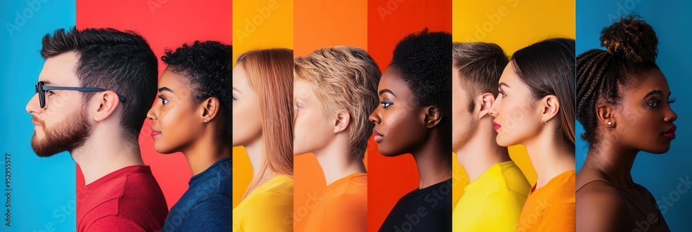 Aufkleber A lineup of diverse faces showcases separation by a barrier, symbolizing bias, with vibrant colors emphasizing individuality and disparity. Generative AI