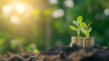 Green seedlings grow from coins in soil, symbolizing growth, investment, and a sustainable future. Nature meets finance in harmony.