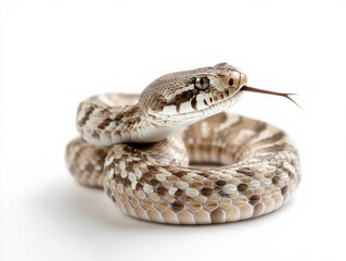 Fototapeta premium A close-up of a coiled snake showing detailed scales and a flickering tongue, set against a plain background.