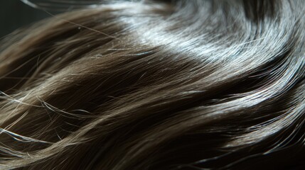 Naklejka premium Close-up of shiny, flowing brunette hair in motion, capturing the texture and natural highlights under soft lighting.