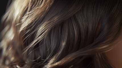Naklejka premium Close-up of shiny, flowing brunette hair in motion, capturing the texture and natural highlights under soft lighting.