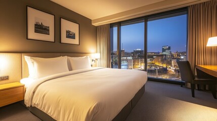 Comfortable hotel room with soft bedding, stylish decor, and a panoramic window view of the city.
