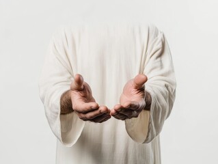 A faceless figure in a white robe extends hands forward, symbolizing openness, invitation, and spirituality in a minimalist setting.