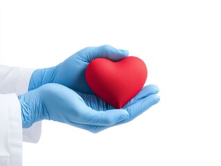 A pair of gloved hands delicately holds a red heart symbolizing care, compassion, and health in a medical context.