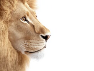 Obraz premium Majestic lion profile showcasing its powerful features and elegant mane against a clean, white background.