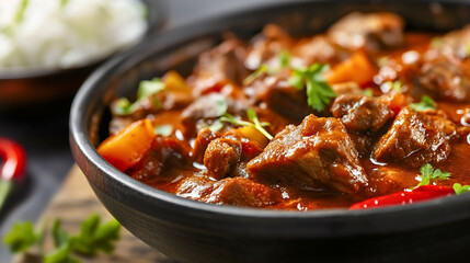 Fototapeta premium Delicious homemade goulash, a traditional Hungarian dish featuring tender beef and fresh vegetables, hot cooked in a rich tomato gravy with spices, ragout cuisine lunch or dinner meal, kitchen, pepper