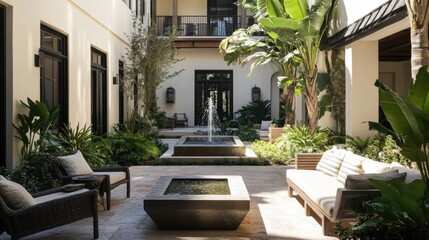 Hotel courtyard with a tranquil garden, fountain, and comfortable seating areas.