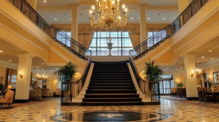 Obraz premium Hotel entrance with a grand staircase, chandelier, and elegant decor welcoming guests.