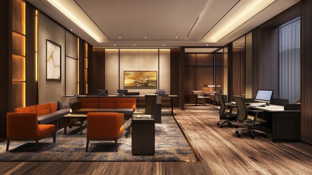 Hotel business lounge with modern furniture, workstations, and complimentary refreshments