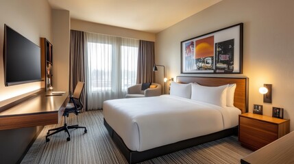 Hotel room with minimalist design, featuring a comfortable bed, a small work desk, and a flat-screen TV.