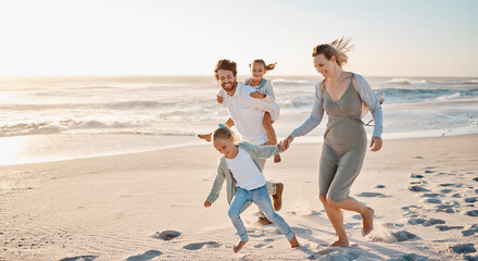 Beach, family and running with children at sunset for outdoor holiday, adventure and weekend trip. Happy, father and mother with kids by ocean in summer for travel, journey and vacation in Florida