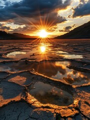 A stunning sunset casts golden rays over dry land with cracked earth and shallow water pools, highlighting the impact of climate change. Generative AI
