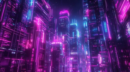 A futuristic cyberpunk cityscape illuminated by vibrant neon lights.
