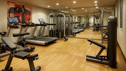 Fototapeta premium Modern hotel gym with state-of-the-art fitness equipment, mirrors, and motivational posters.