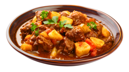 Delicious goulash isolated on transparent, traditional Hungarian beef meal stew with vegetables, homemade meat soup featuring lamb, spicy sauce and fresh ragout ingredients