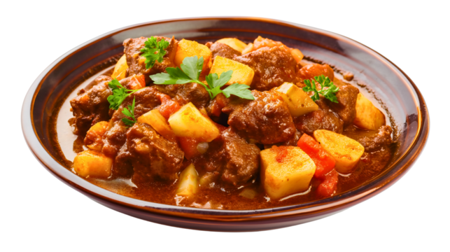 Delicious goulash isolated on transparent, traditional Hungarian beef meal stew with vegetables, homemade meat soup featuring lamb, spicy sauce and fresh ragout ingredients
