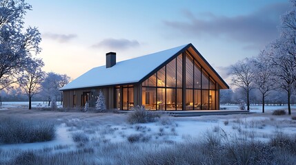 Modern Cabin with Snow Covered Roof and Large Windows