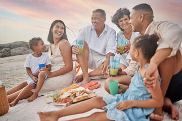 Happy family, beach and drink juice at picnic for holiday, summer and travel. Lunch, food and people by sea with parents, generations and kids with grandparents at thanksgiving celebration to relax