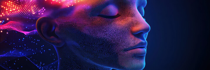 A colorful head with a face made of dots, AI digital existence concept