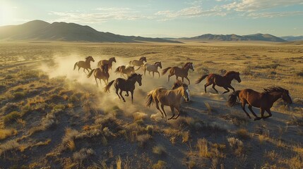 Herd of wild horses running through a desert landscape