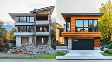 House renovation before and after, exterior comparison showing improvement, old building transformed into modern luxury home, architectural restoration and refurbishment