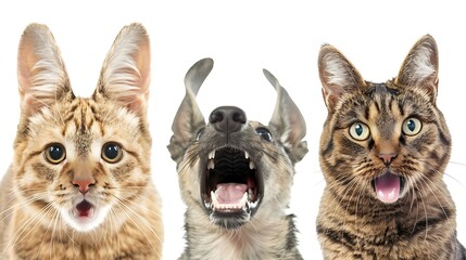 A playful composition featuring two cats and a dog with expressive faces.