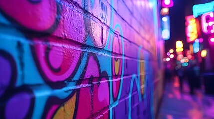 Glowing and Vibrant Graffiti Artwork Covering Dark Urban Wall with Edgy Cityscape