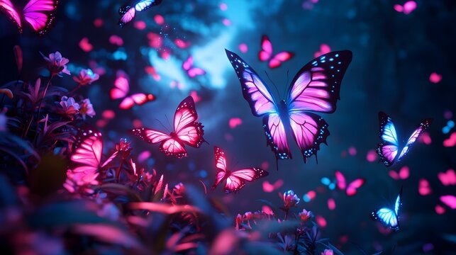 Fototapeta Mesmerizing Neon Butterflies Swirling in a Magical Moonlit Garden