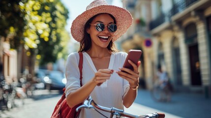 Happy Woman in Sunglasses and Straw Hat Using Smartphone in City Street