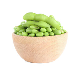 Raw green edamame soybeans and pods isolated on white