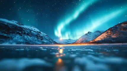 Naklejka premium Mesmerizing Glow of Aurora Borealis over Frozen Lake in Peaceful Winter Landscape