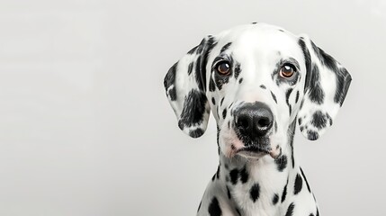 A close-up portrait of a Dalmatian dog with distinctive black and white spots against a plain background.