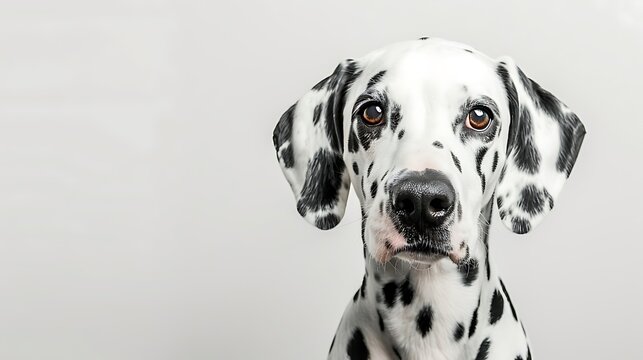 Fototapeta A close-up portrait of a Dalmatian dog with distinctive black and white spots against a plain background.
