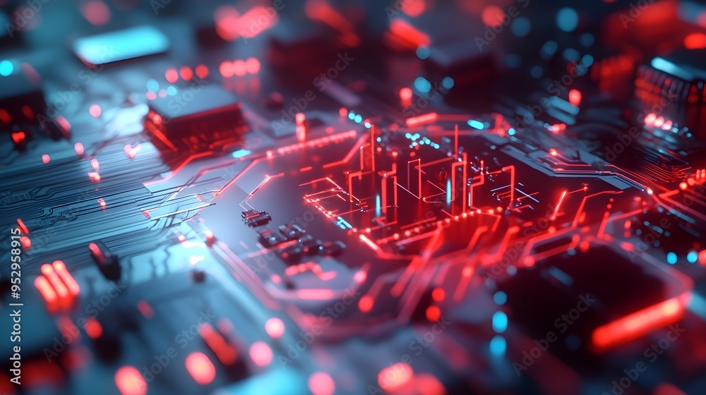 Poster glowing futuristic circuit board structures illuminating enigmatic high tech environment with geomet