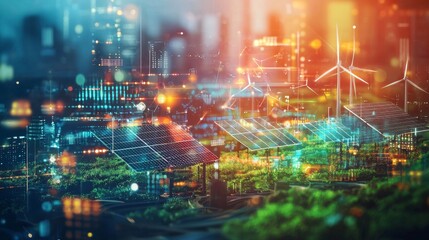 Sustainable City with Wind and Solar Energy at Night